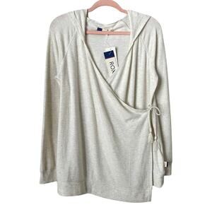 Roxy Top Womens Medium Cream Hooded Wrap Tie Tasseled Knit Sweater Cozy Boho